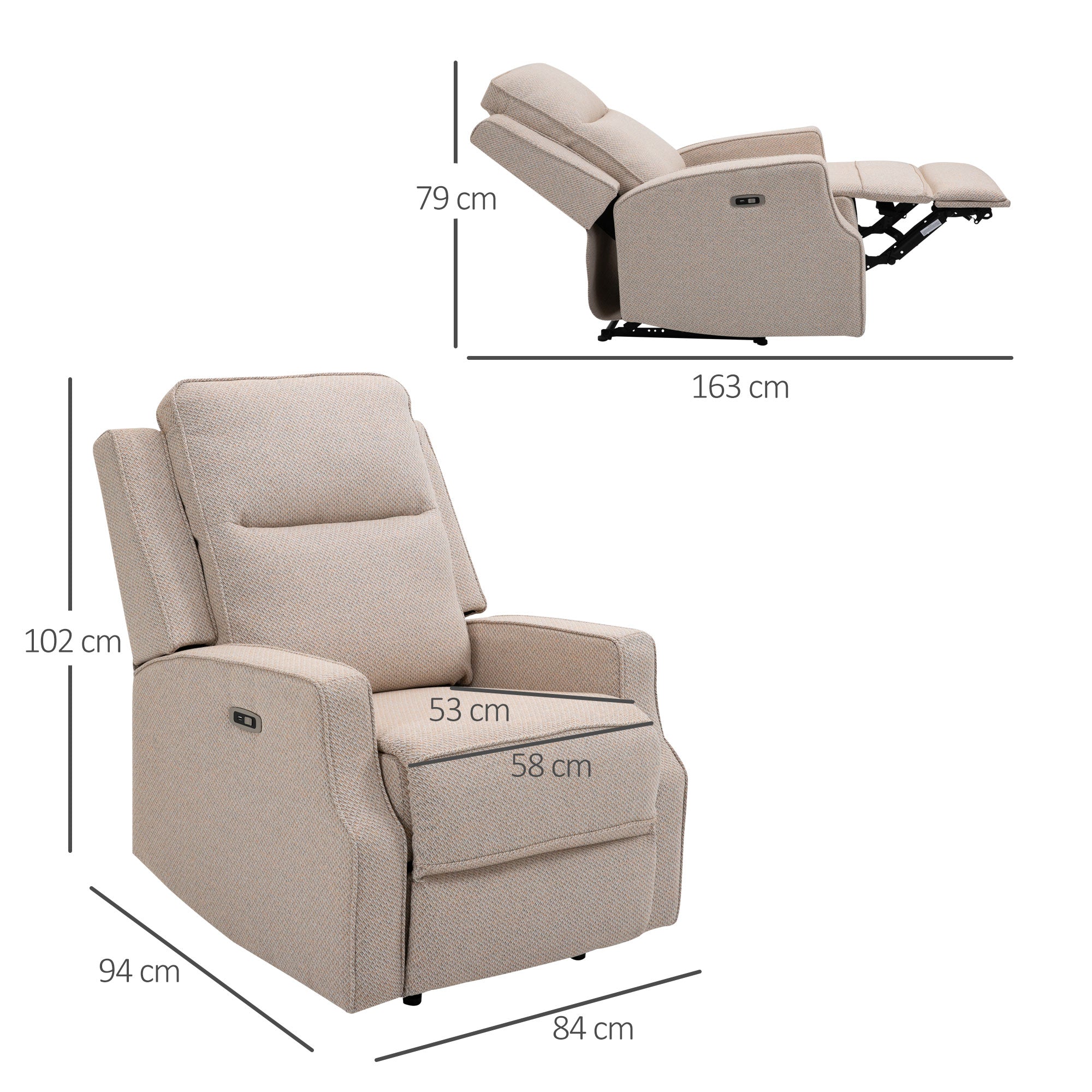 Poltrona Relax Elettrica Reclinabile con Presa USB di Ricarica in Tessuto Effetto Lino Beige