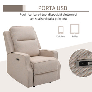 Poltrona Relax Elettrica Reclinabile con Presa USB di Ricarica in Tessuto Effetto Lino Beige