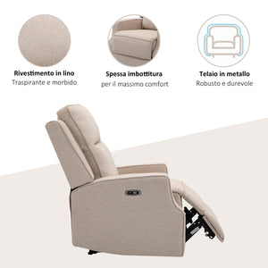 Poltrona Relax Elettrica Reclinabile con Presa USB di Ricarica in Tessuto Effetto Lino Beige