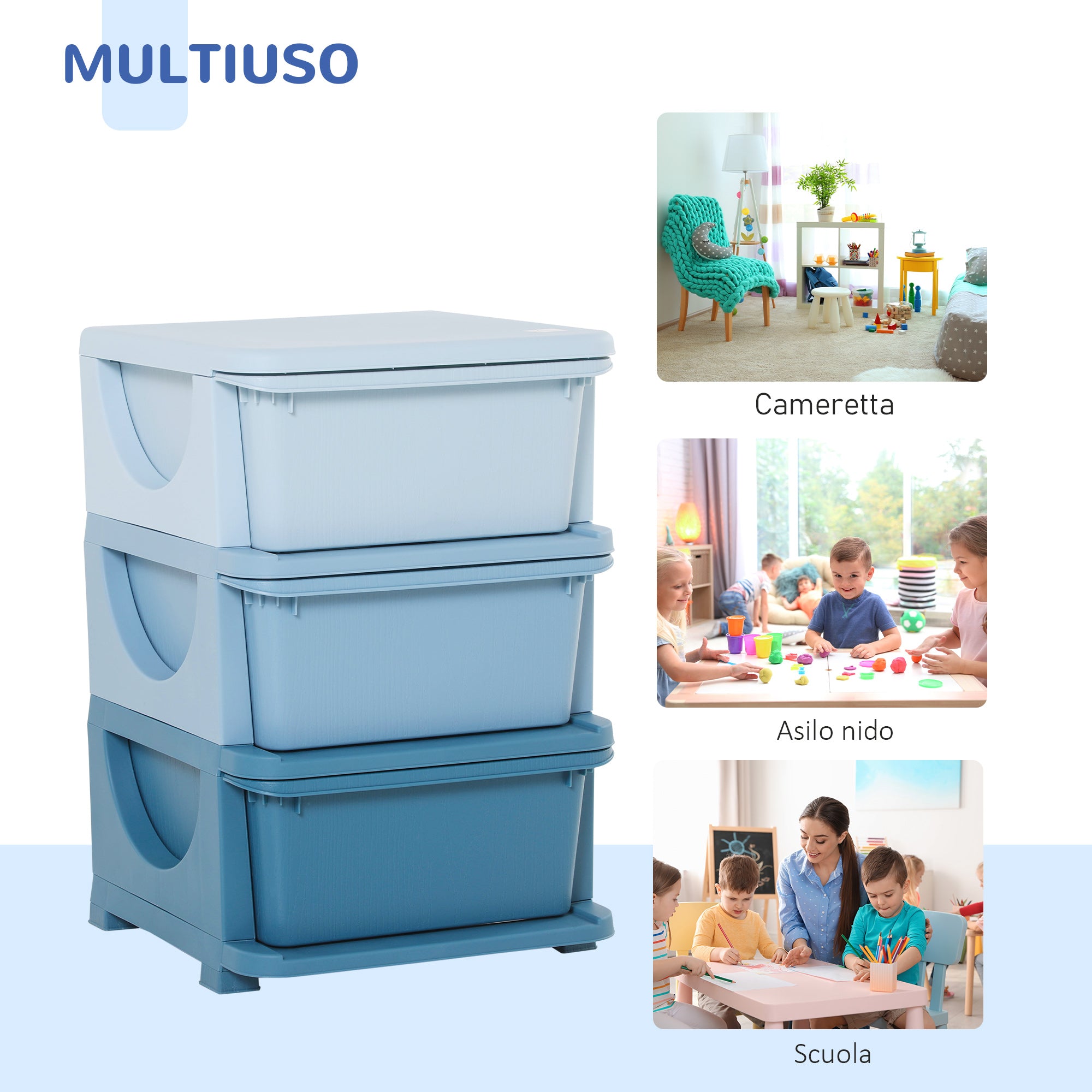 Cassettiera per Cameretta 3 Cassetti 37x37x56,5 cm in Plastica Blu