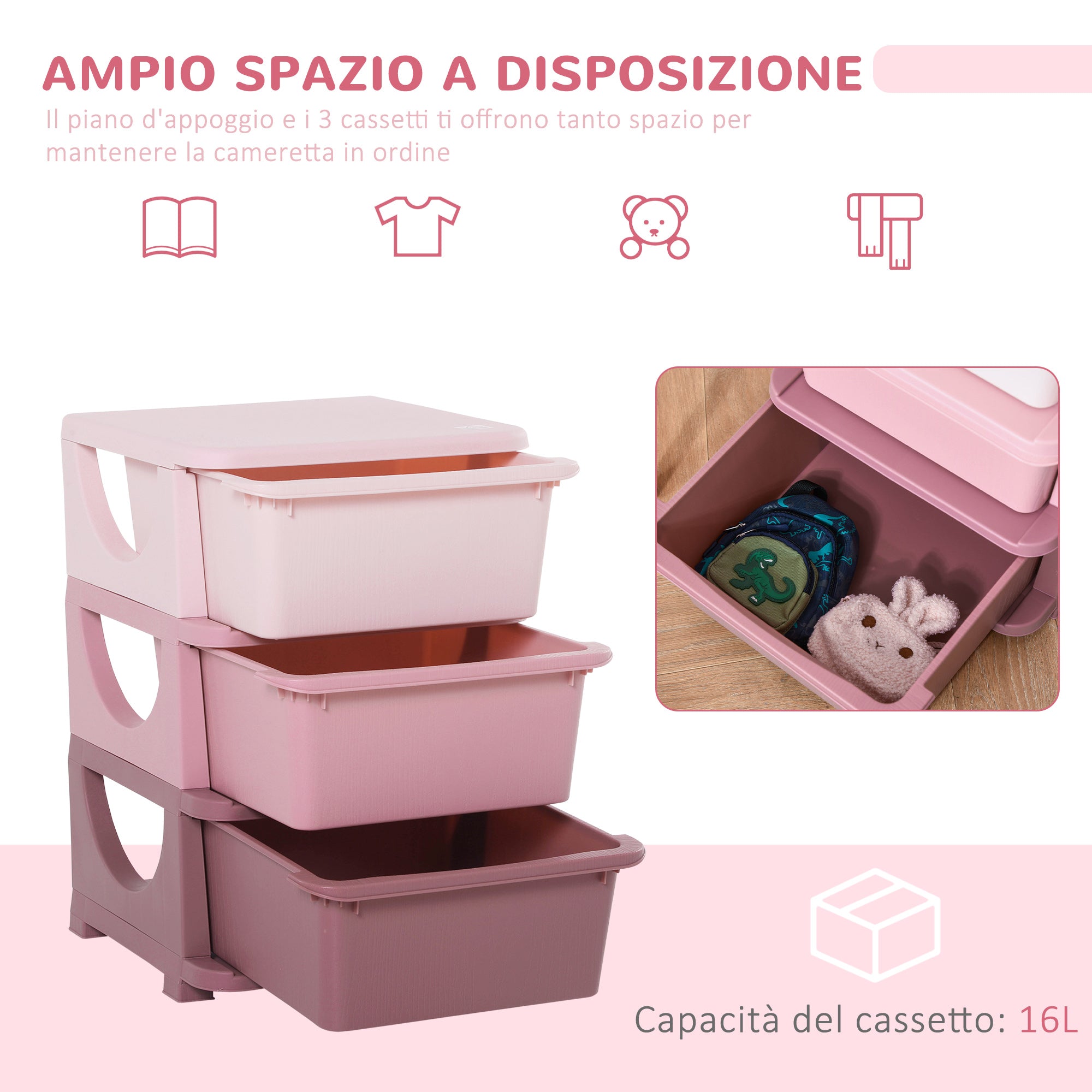 Cassettiera per Cameretta 3 Cassetti 37x37x56,5 cm in Plastica Rosa