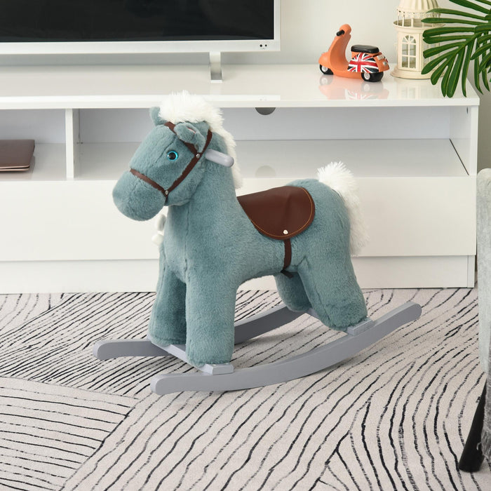 Cavallo a Dondolo in Peluche e Legno con Orsetto e Suoni Blu