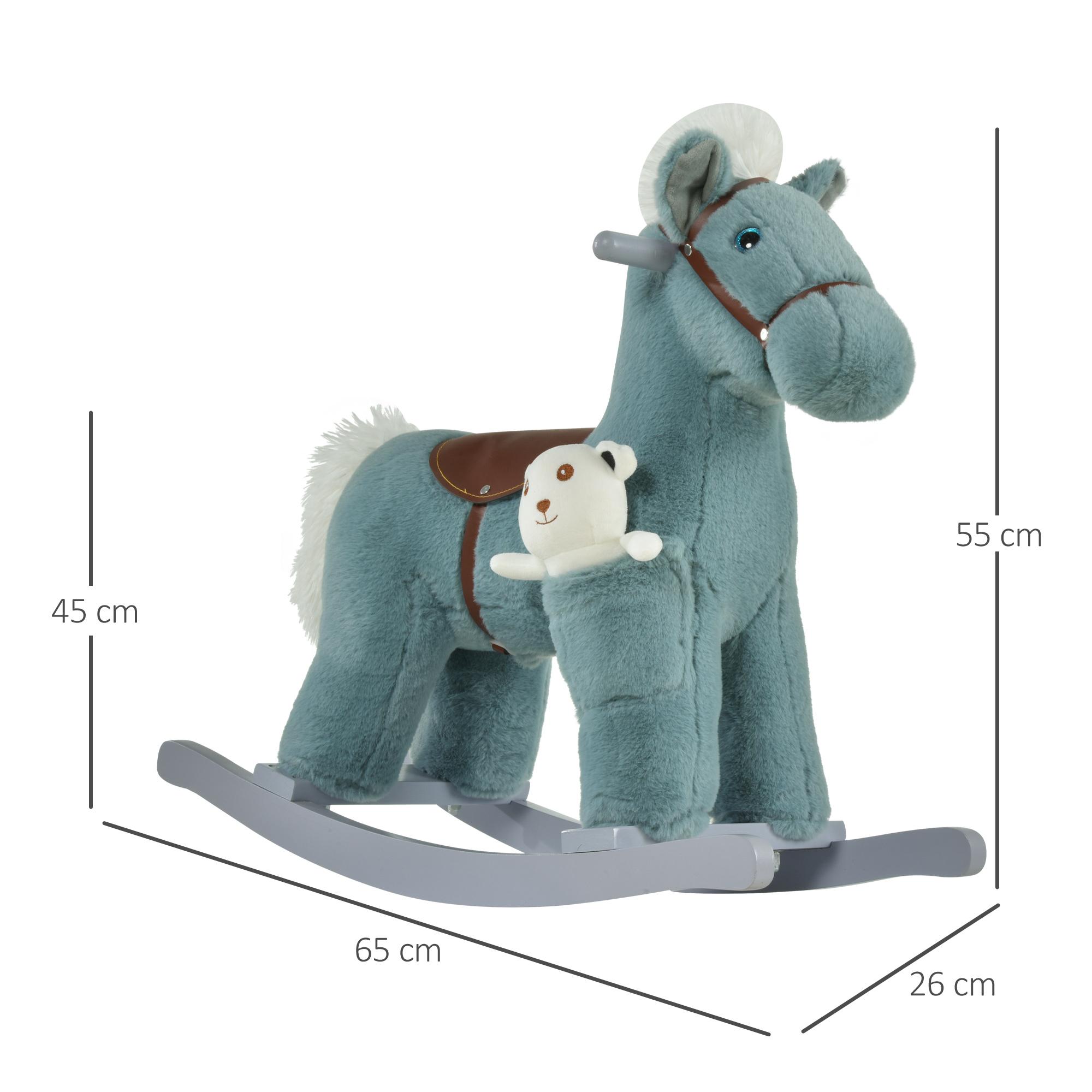 Cavallo a Dondolo in Peluche e Legno con Orsetto e Suoni Blu