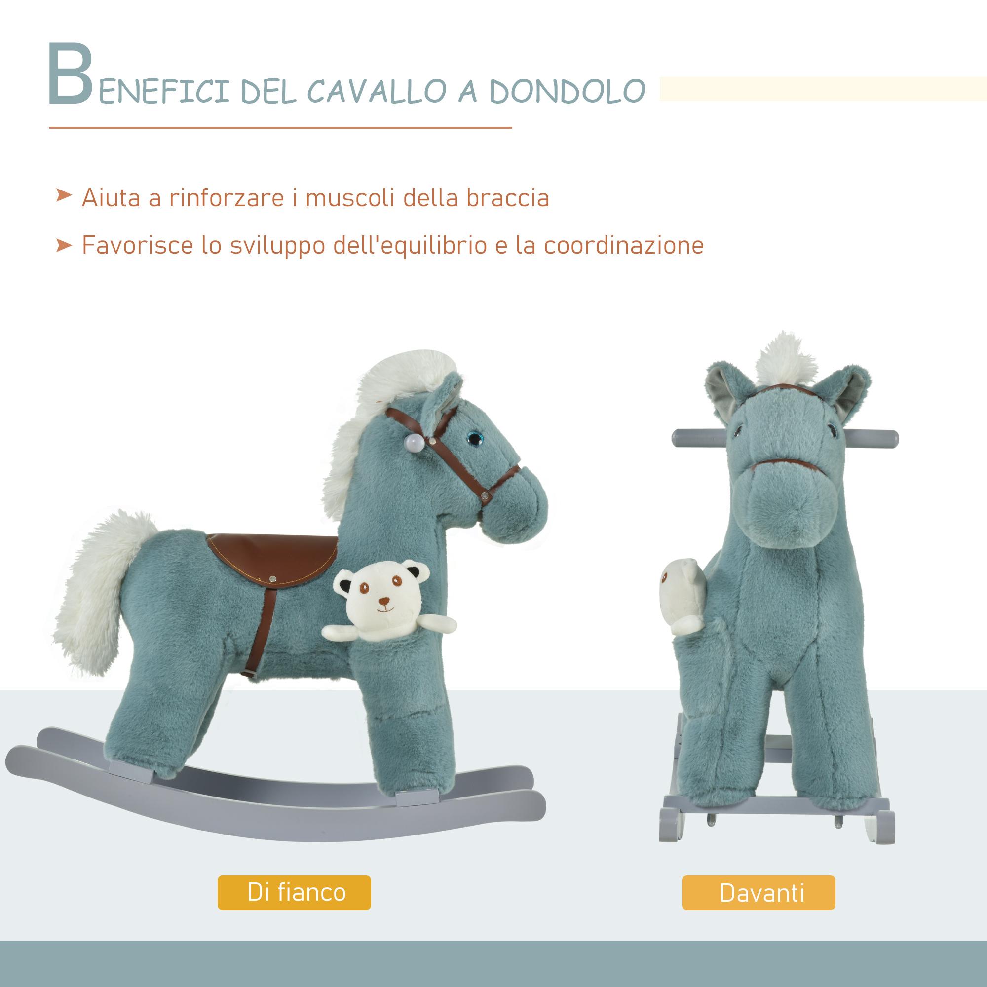 Cavallo a Dondolo in Peluche e Legno con Orsetto e Suoni Blu