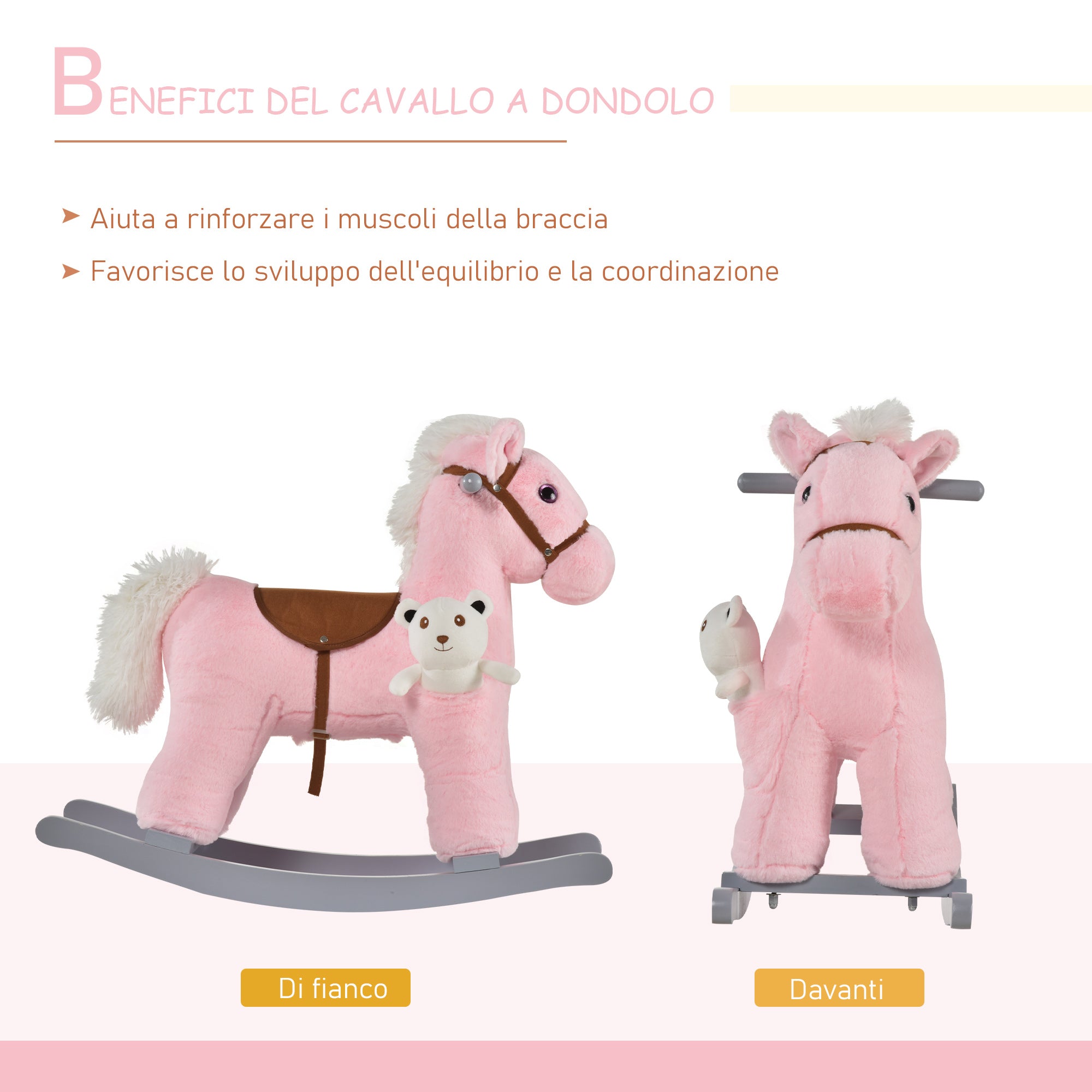 Cavallo a Dondolo in Peluche e Legno con Orsetto e Suoni Rosa