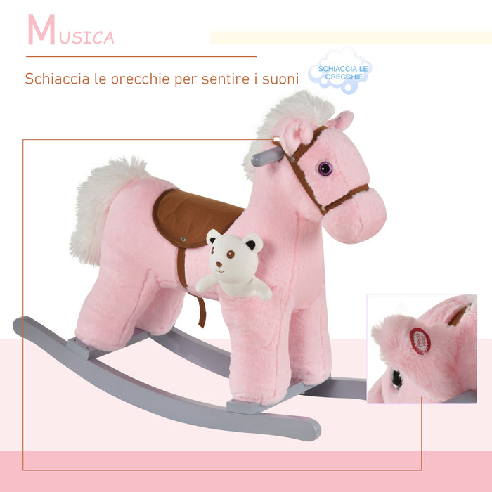 Cavallo a Dondolo in Peluche e Legno con Orsetto e Suoni Rosa