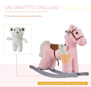 Cavallo a Dondolo in Peluche e Legno con Orsetto e Suoni Rosa