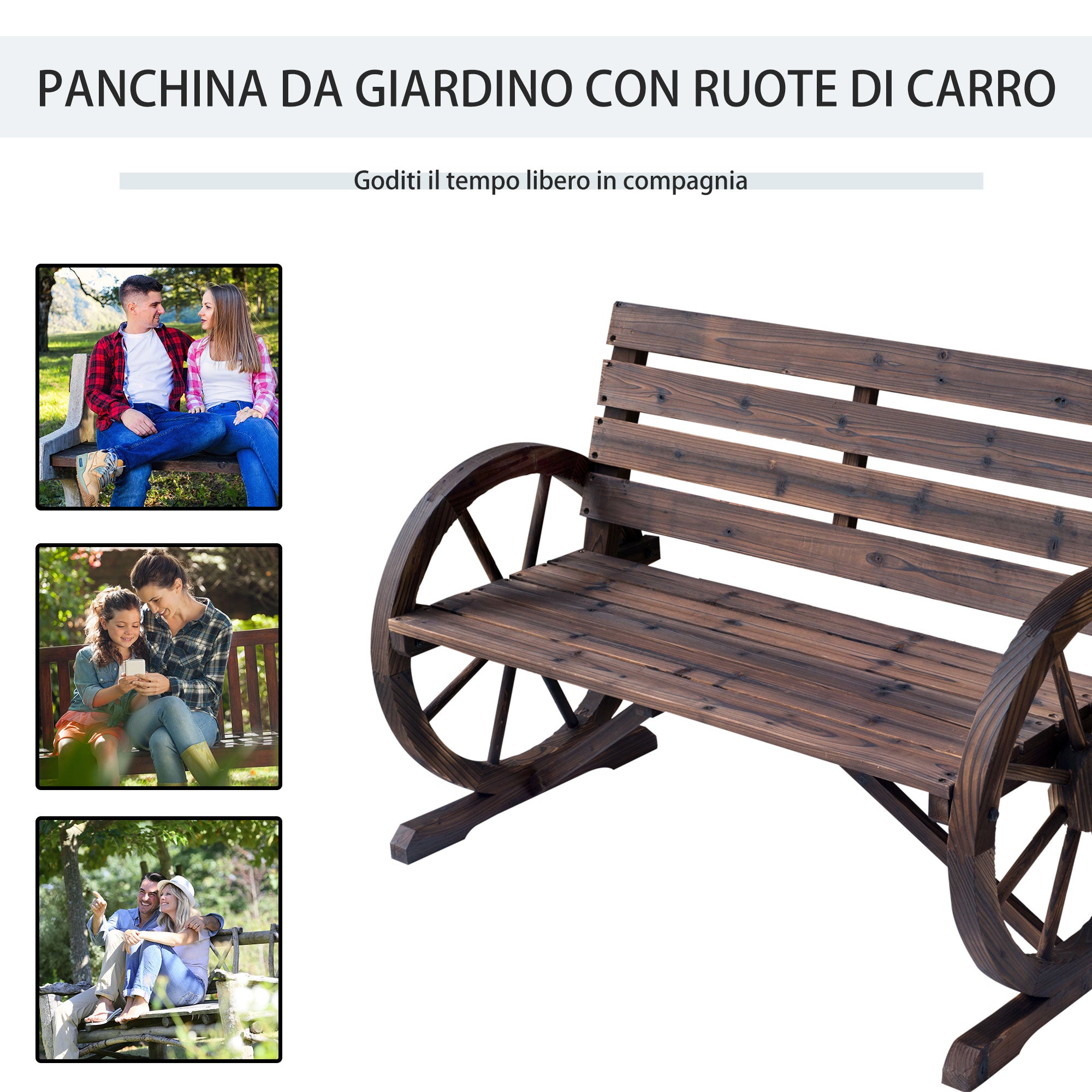 Panchina da Giardino 2 Posti con Braccioli a Ruota Stile Country in Legno Marrone