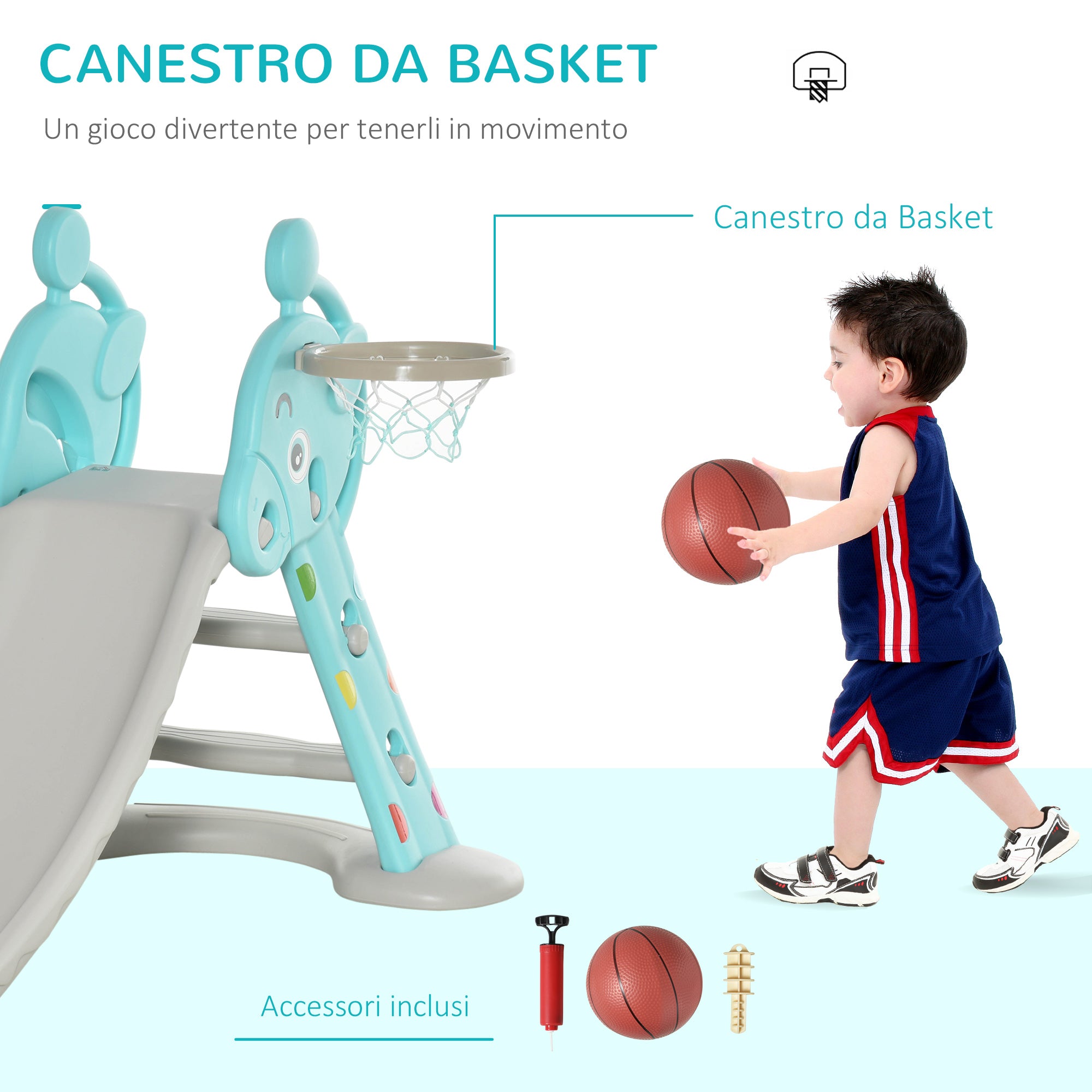 Scivolo per Bambini 140x87x75 cm con Canestro e Pallone Basket Grigio e Blu