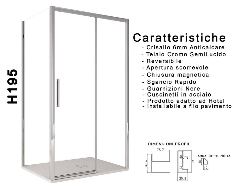 Box Doccia Angolare 1 Anta Scorrevoe in Cristallo Trasparente 6mm H195 Bonussi Eliane 70x100 cm