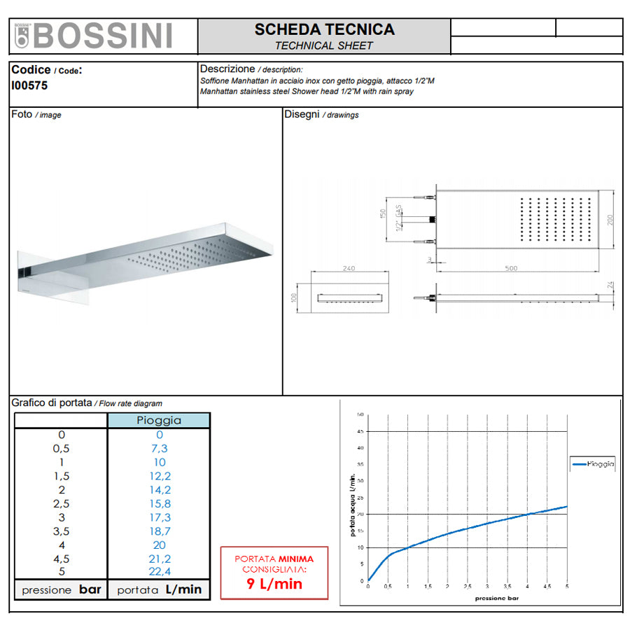 Soffione doccia in acciaio Bossini Manhattan con kit duplex Flat One