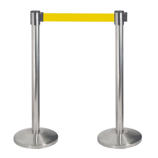 2 Colonnine Tendinastro 3 metri in Acciaio Inox Spazzolato Ø36x101 cm Nastro Giallo