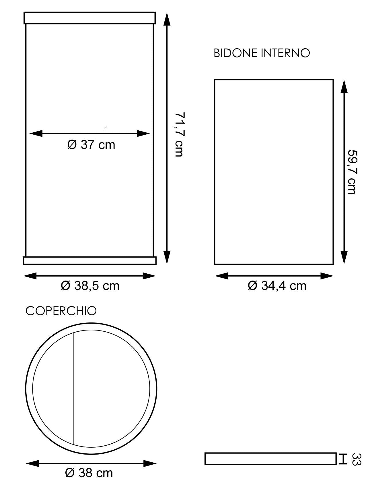 Cestino Gettacarte Posacenere Ø38,5 cm in Metallo Nero Opaco 52L per Interno Esterno