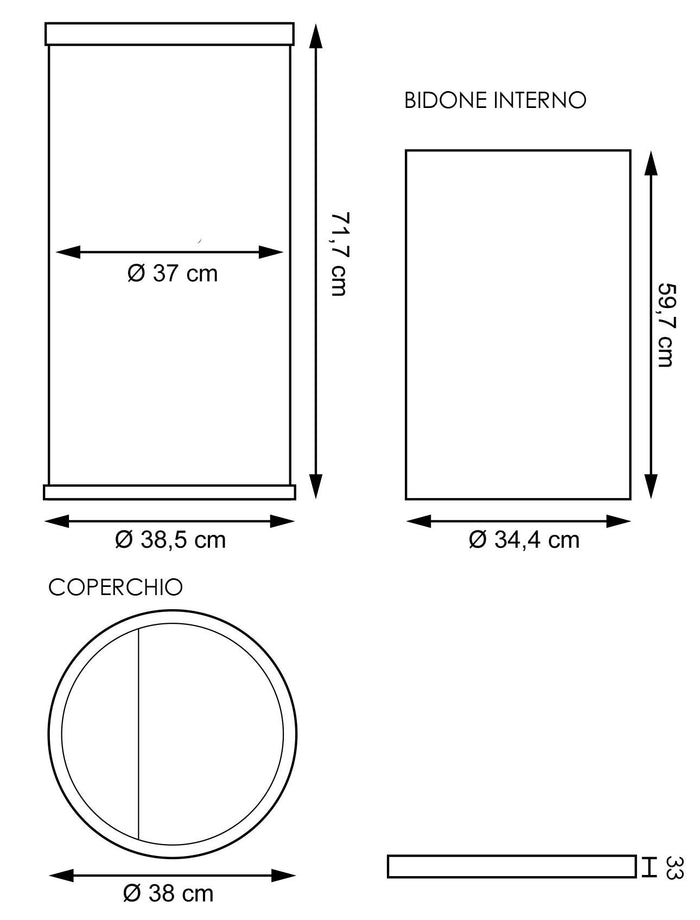 Cestino Gettacarte Posacenere Ø38,5 cm in Metallo Nero Opaco 52L per Interno Esterno