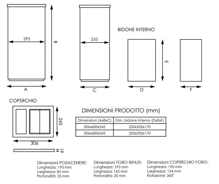 Cestino Gettacarte Posacenere 30,6x60x24,5 cm in Metallo Nero Opaco 17L per Interno Esterno