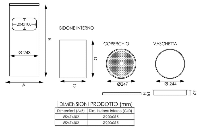 Cestino Gettacarte Posacenere Ø24,7 cm in Metallo Nero Opaco 10L per Interno Esterno