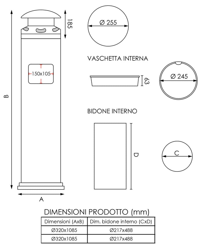 Posacenere a Colonna con Cestino Ø32 cm in Acciaio 18L per Interno Esterno