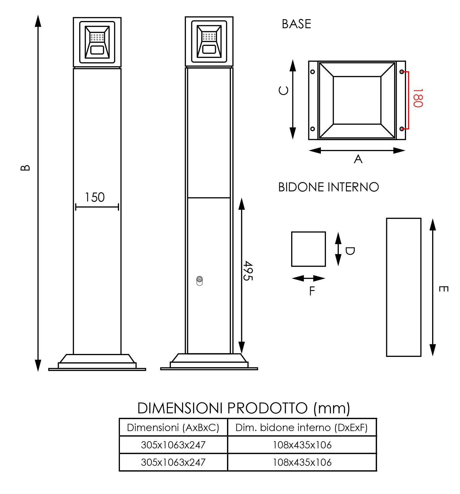 Posacenere a Colonna 30,5x106,3x24,7 cm in Acciaio 3L per Interno Esterno