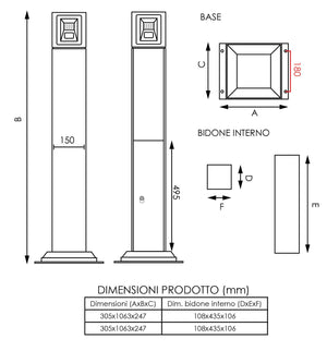 Posacenere a Colonna 30,5x106,3x24,7 cm in Acciaio 3L per Interno Esterno