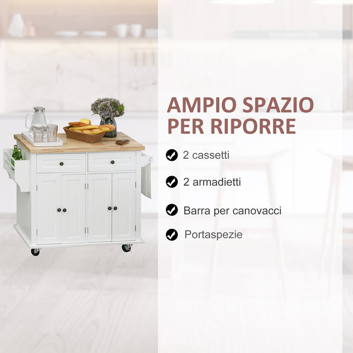 Carrello da Cucina Portavivande con Cassetti e Portaspezie 111x44,5x82,5 cm in Legno Bianco