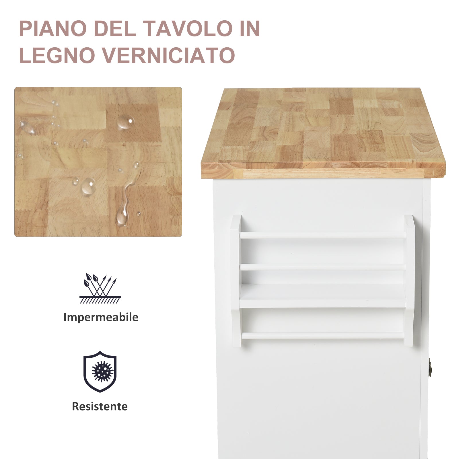 Carrello da Cucina Portavivande con Cassetti e Portaspezie 111x44,5x82,5 cm in Legno Bianco