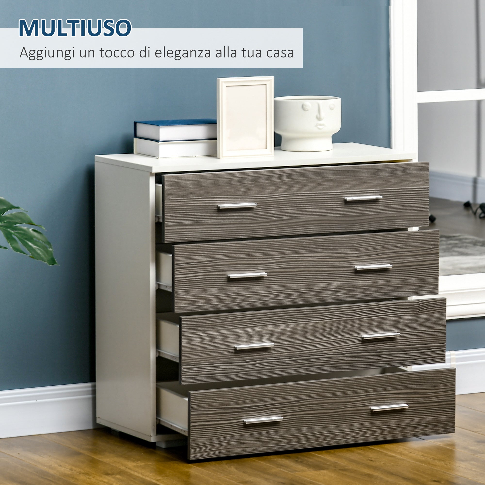 Cassettiera 4 Cassetti con Maniglie in Alluminio e Struttura in Legno 76x35x72 cm Bianco Grigio