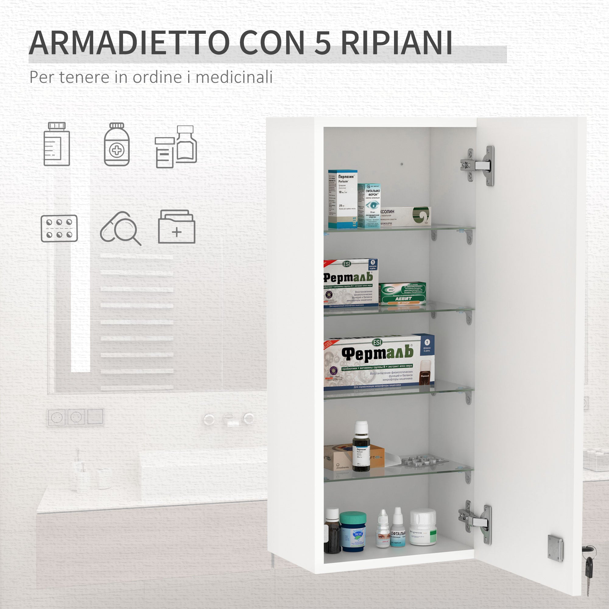 Armadietto per Medicinali 30x20x70 cm con Serratura in Legno e Vetro Bianco