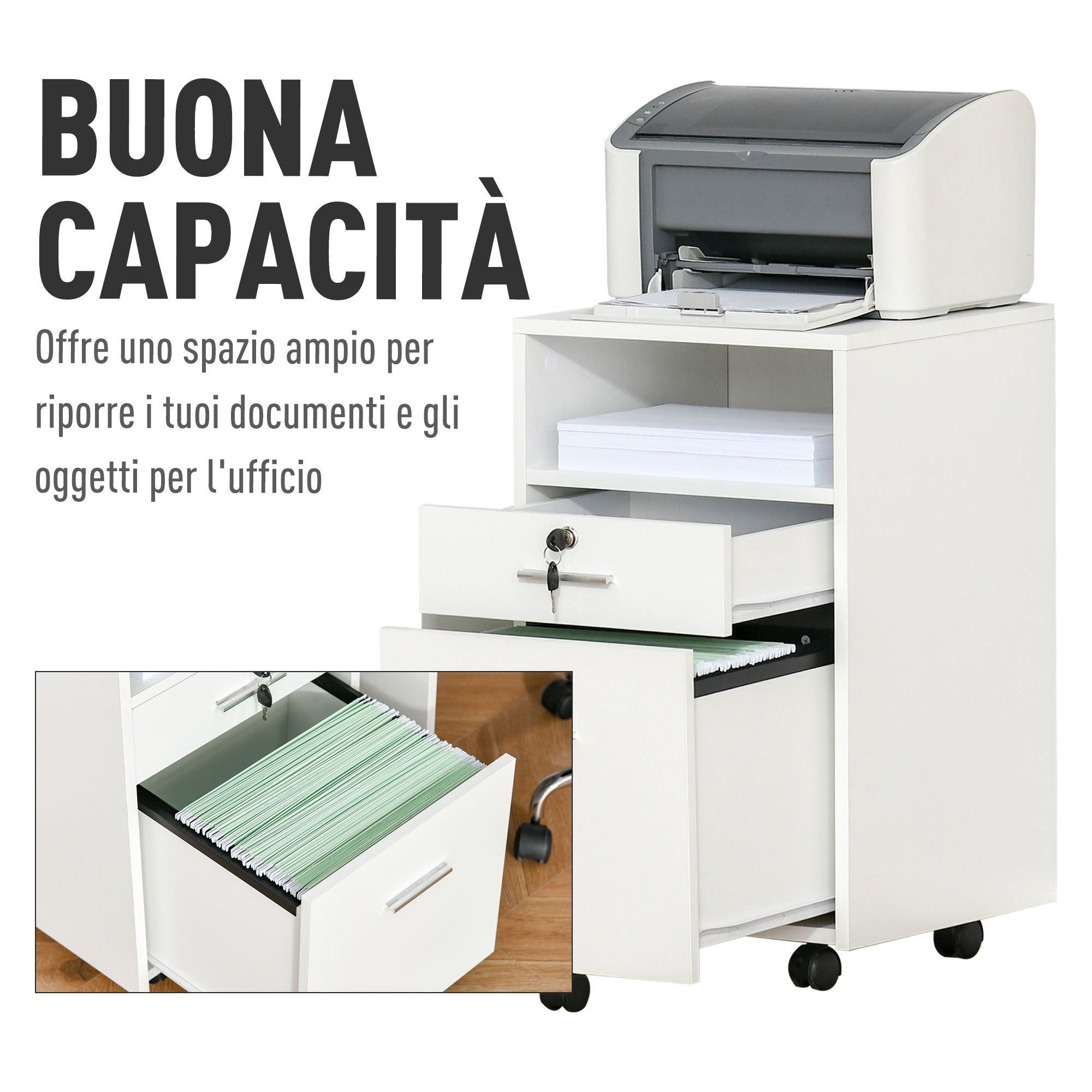 Cassettiera per Scrivania da Ufficio 39,5x40x60 cm in Truciolare Bianco