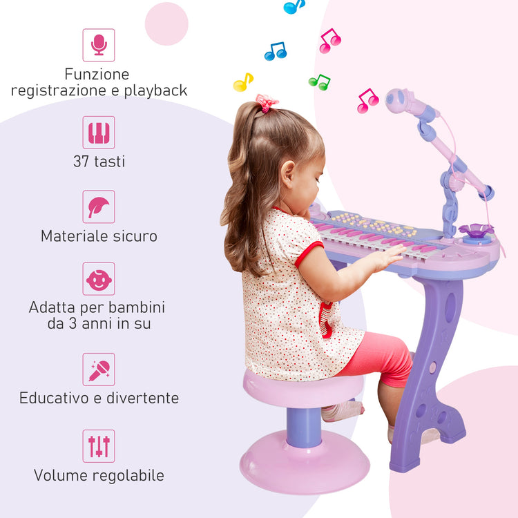 Pianola 37 Tasti con Sgabello e Microfono Karaoke Mp3 e Registratore Rosa