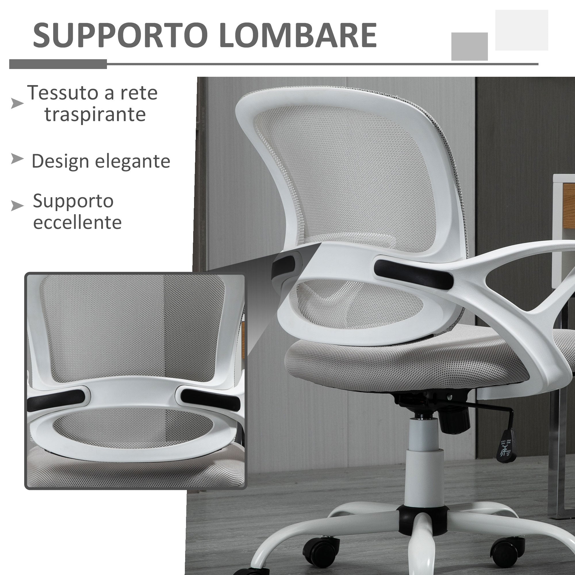 Sedia Poltrona Operativa da Ufficio 61x61x89-99 cm in Tessuto Grigio