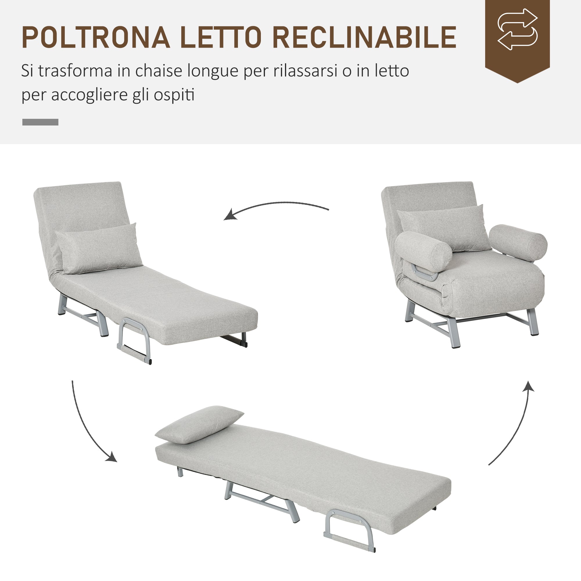 Poltrona Letto Singolo Trasformabile 73x60x81 cm Schienale Reclinabile Grigia