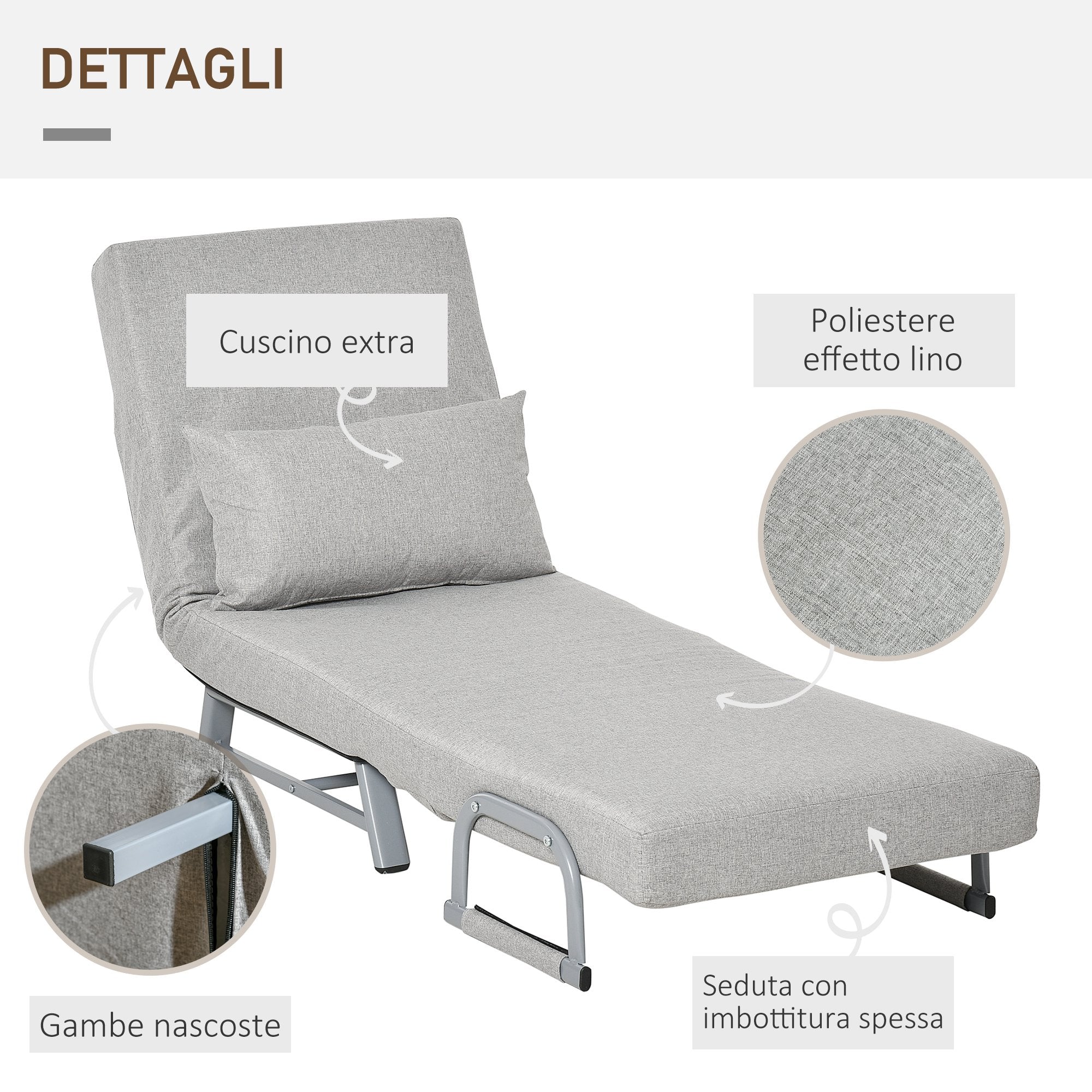 Poltrona Letto Singolo Trasformabile 73x60x81 cm Schienale Reclinabile Grigia