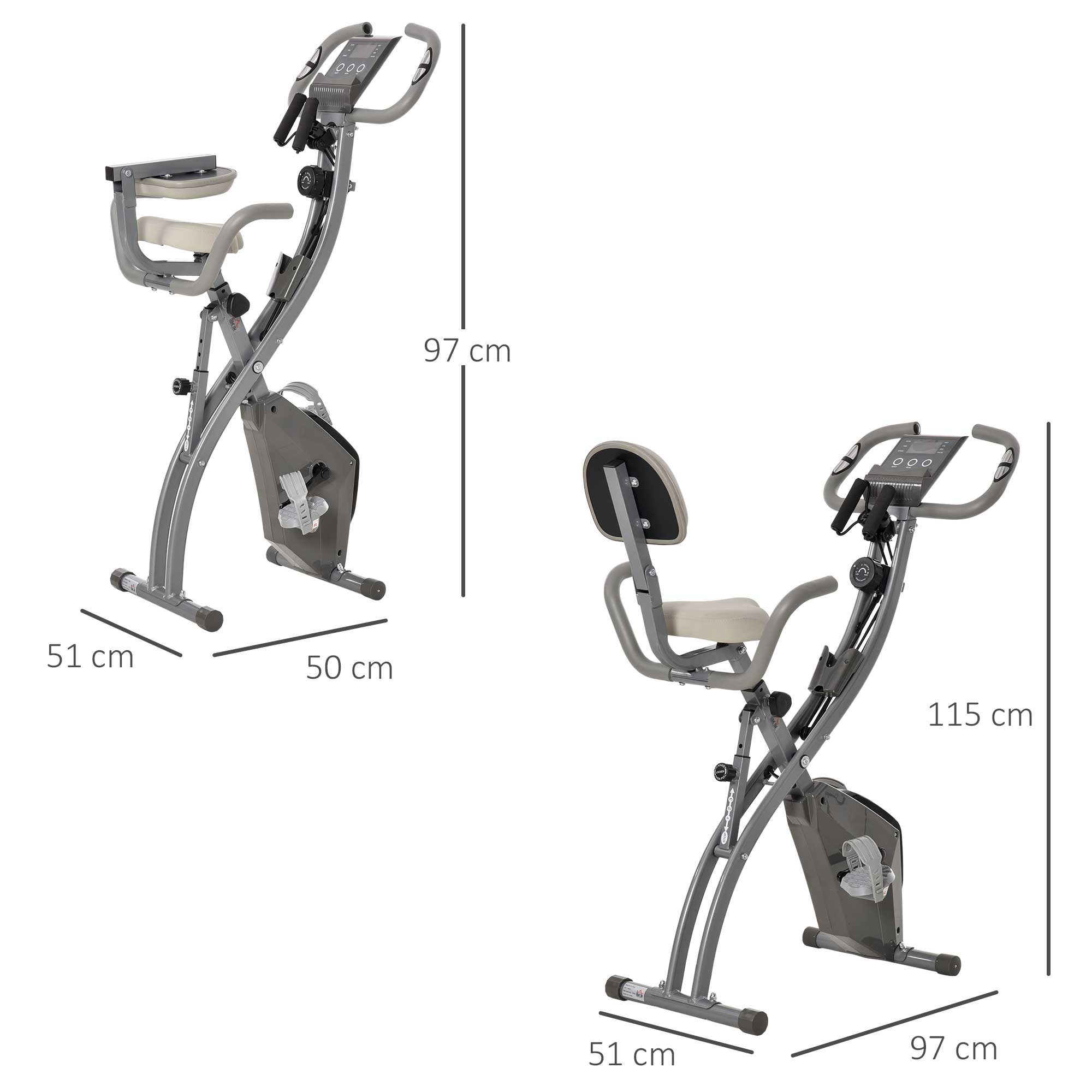 Cyclette Magnetica Pieghevole 97x51x115 cm con Bande Elastiche in Acciaio Grigia