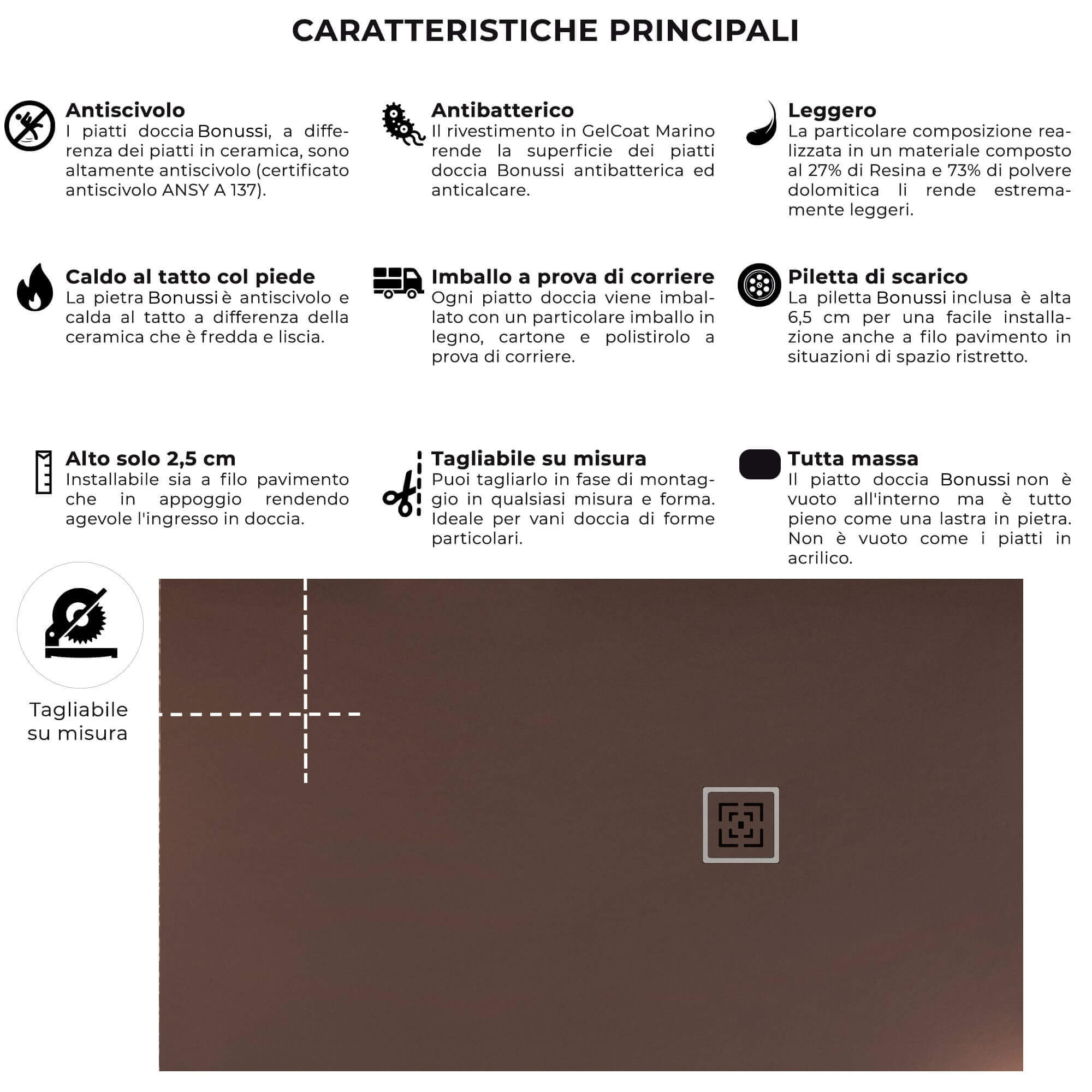 Piatto Doccia in Pietra Bonussi Canton Marrone 75x75 cm