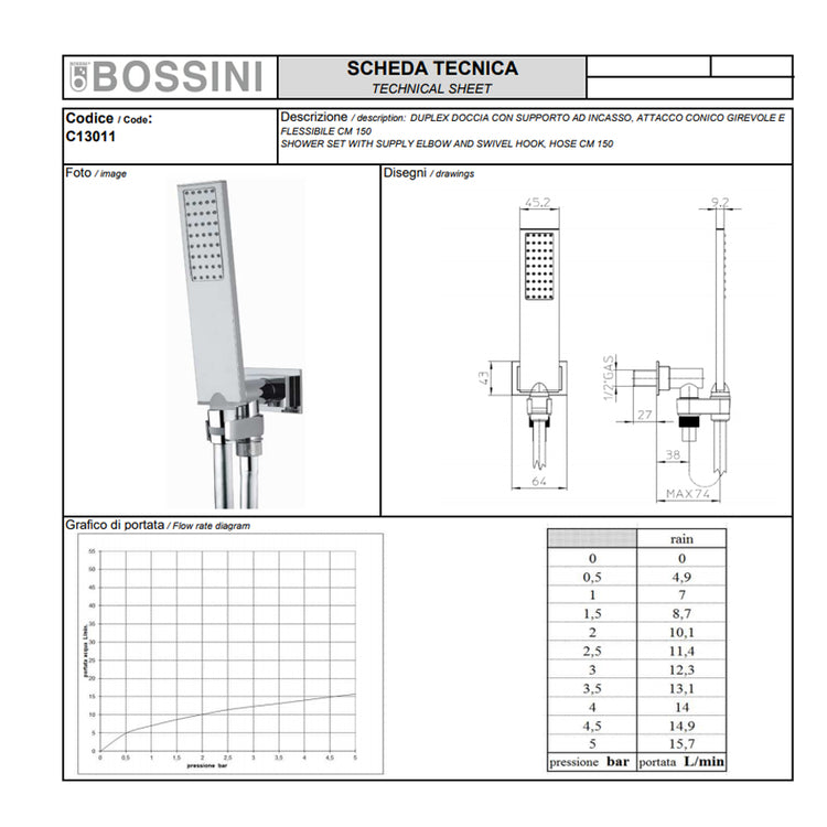 Soffione doccia cascata in acciaio Bossini Manhattan a due getti con kit duplex Flat