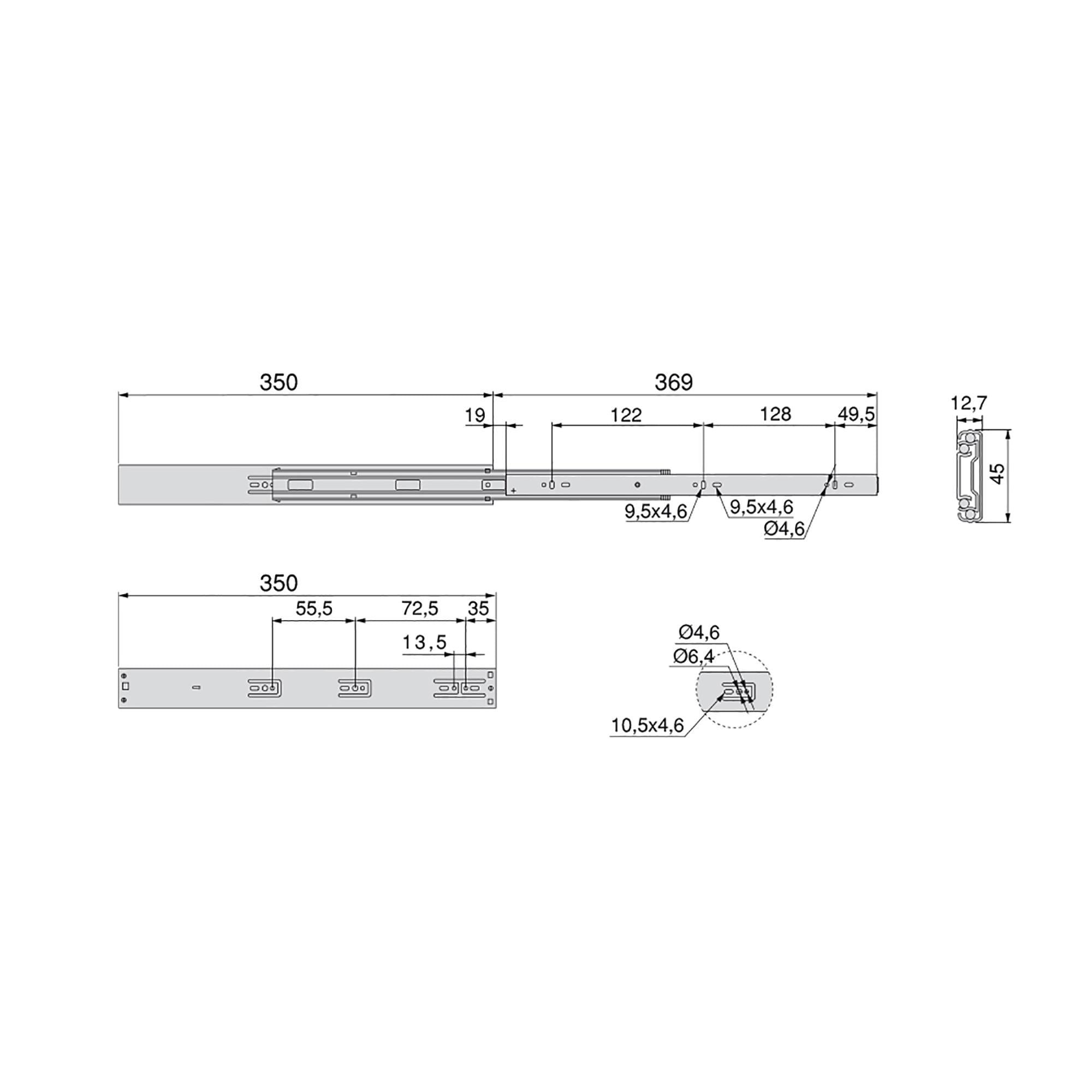 Kit Guide per Cassetti a Sfera 45 x 350 mm Estrazione Totale Chiusura Soft Zincato 5 Pezzi Emuca