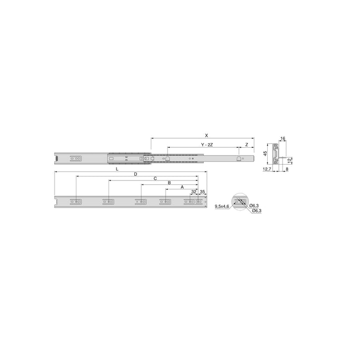 Guide a Sfere per Cassetti con Estrazione Totale con Squadra H45 mm L350 Bianco Acciaio Emuca