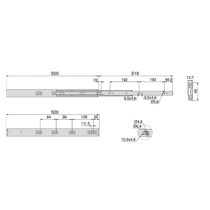 Kit Guide per Cassetti a Sfera 45 x 500 mm Estrazione Totale Chiusura Soft Zincato 5 Pezzi Emuca