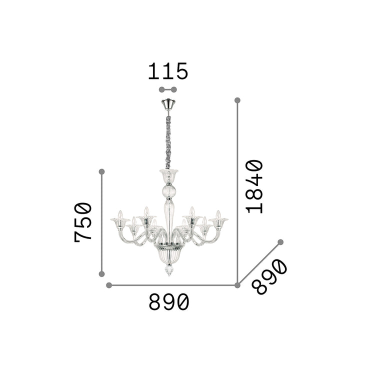 Lampadario Classico Brigitta Vetro Trasparente 8 Luci E14