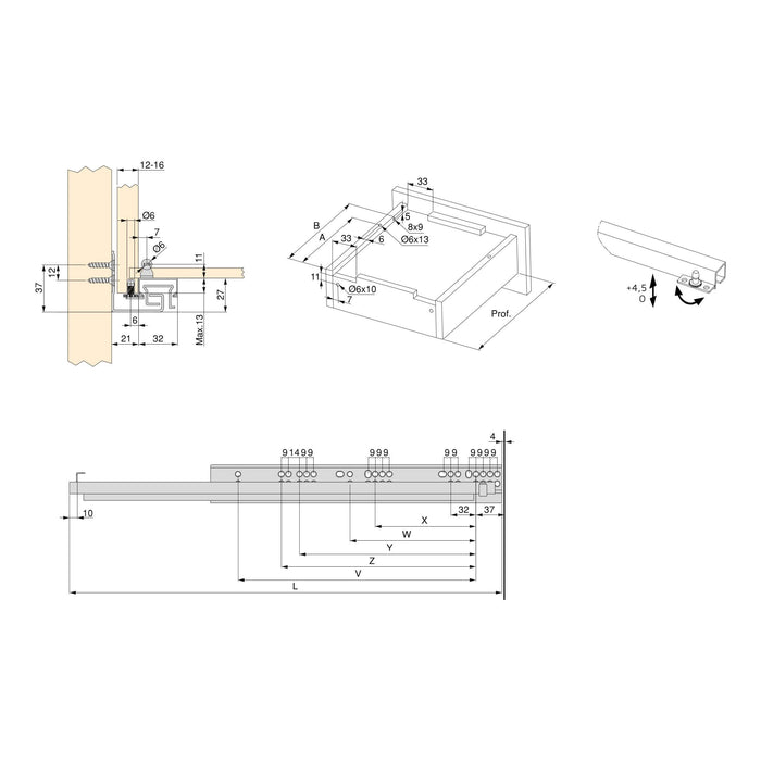 Guide a Scomparsa Silver per Cassetti ad Estrazione Totale P550 Zincato Bianco Acciaio Emuca