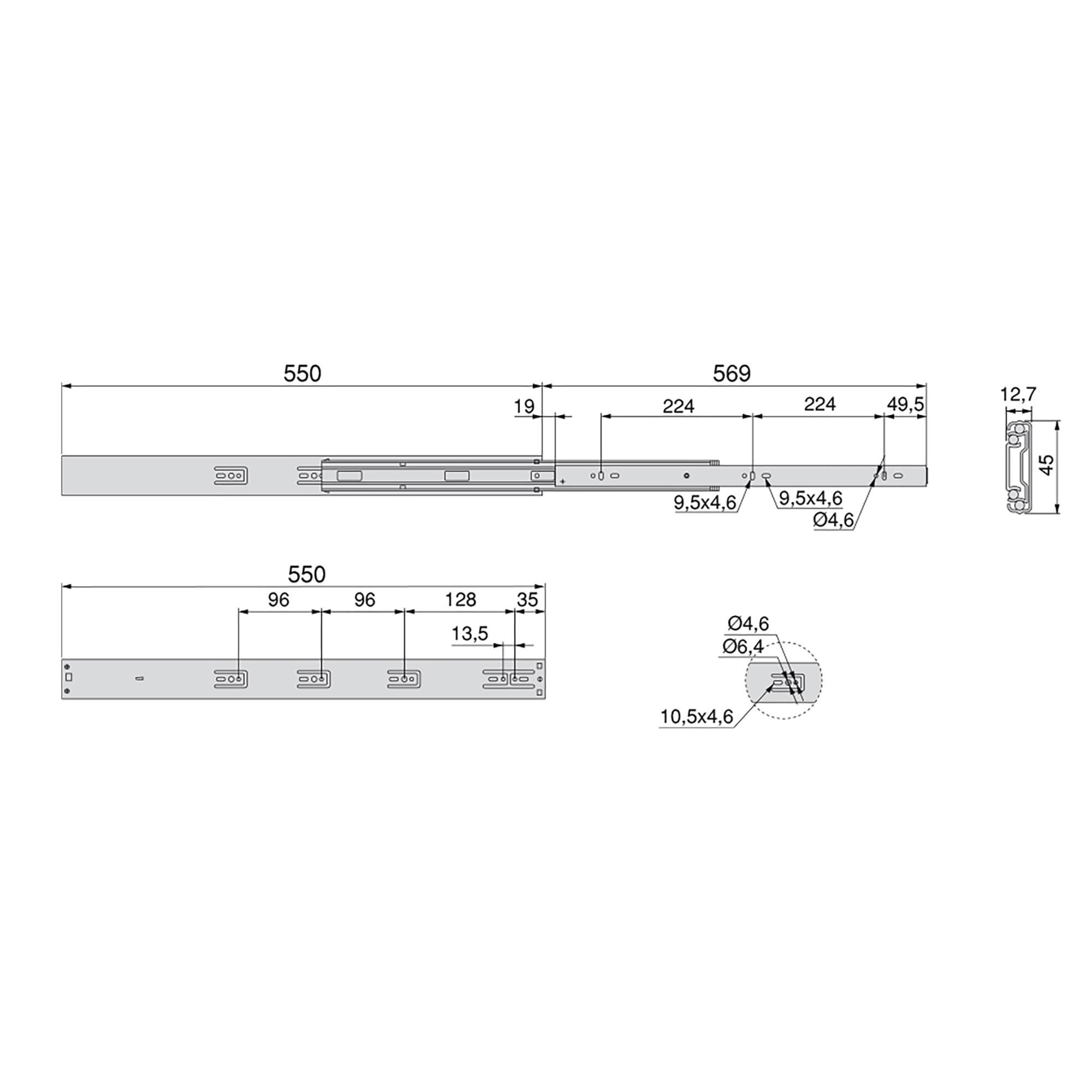 Guide a Sfere per Cassetti con Estrazione Totale e Chiusura Soft H45 mm L550 Bianco Acciaio Emuca