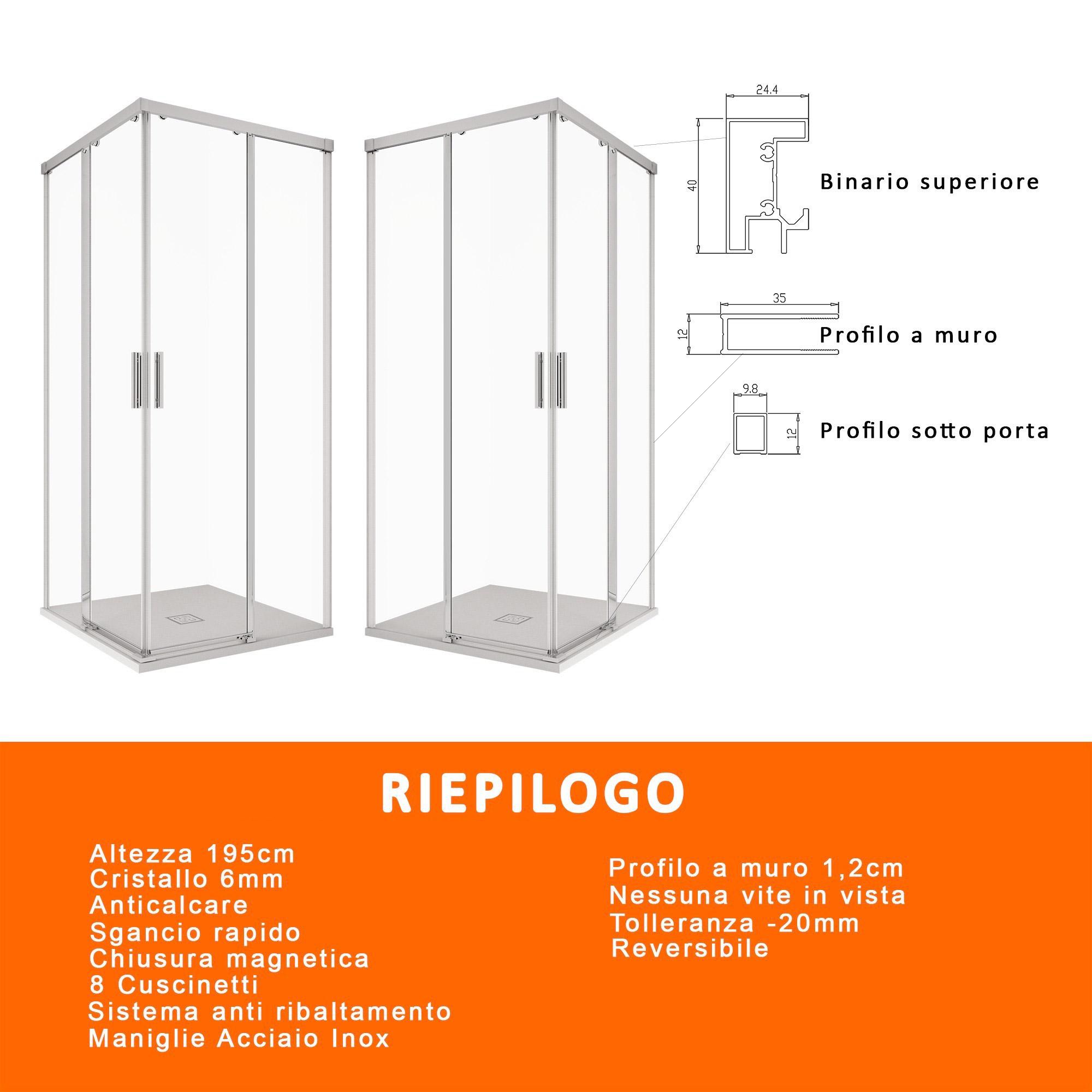 Box Doccia angolare 100x100 cm 2 ante Scorrevoli in Cristallo trasparente 6mm H195 Bonussi Grace