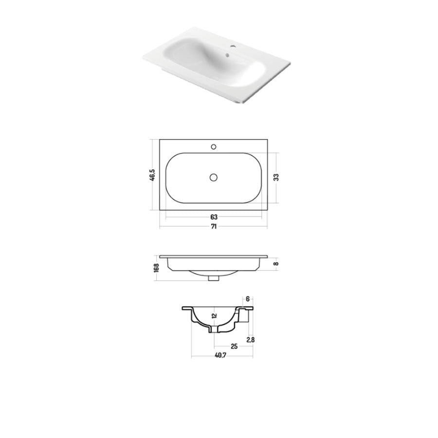 Lavabo da incasso rettangolare in ceramica bianca lucida 71x46cm serie Soft Disegno-Ceramica