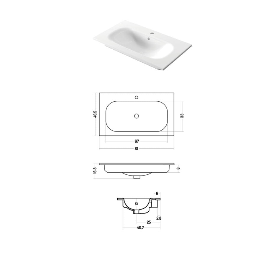 Lavabo da incasso rettangolare in ceramica bianca lucida 81x46cm serie Soft Disegno-Ceramica