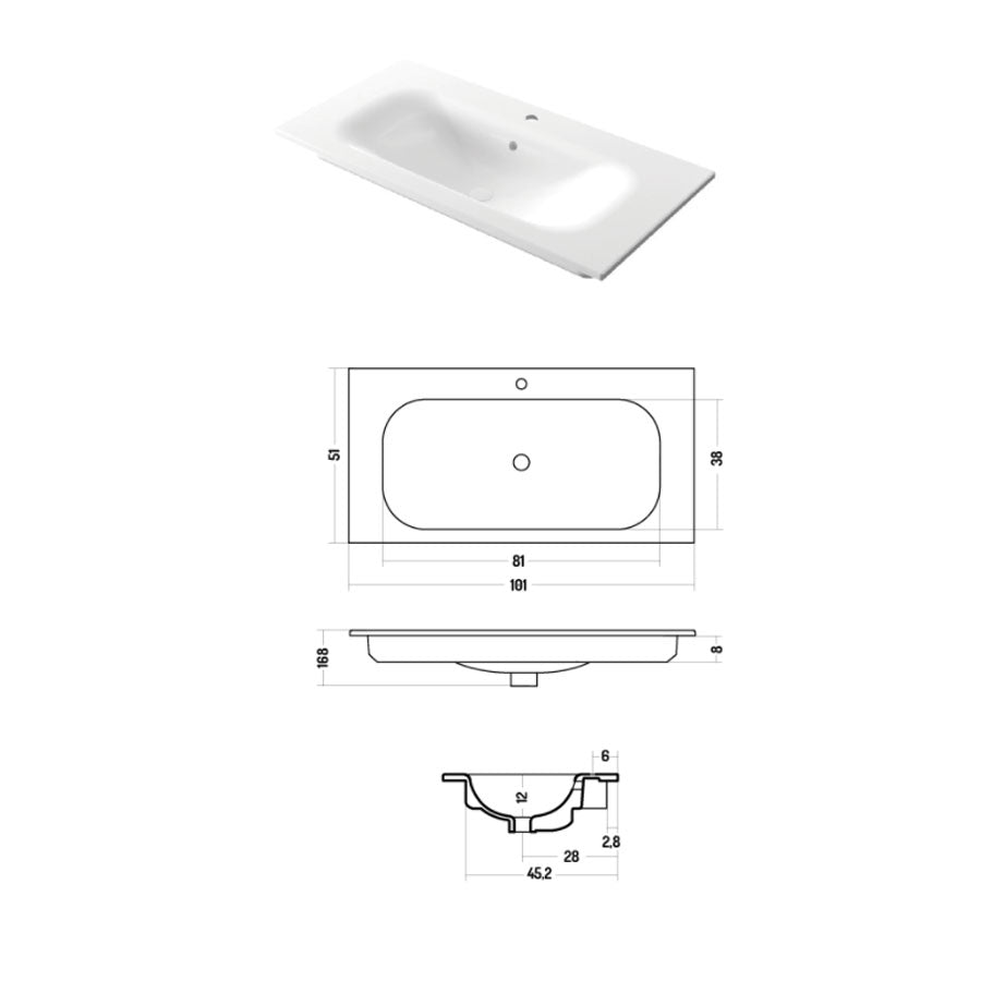 Lavabo da incasso rettangolare in ceramica bianca lucida 101x51cm serie Soft Disegno-Ceramica