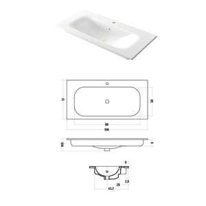 Lavabo da incasso rettangolare in ceramica bianca lucida 106x51cm serie Soft Disegno-Ceramica