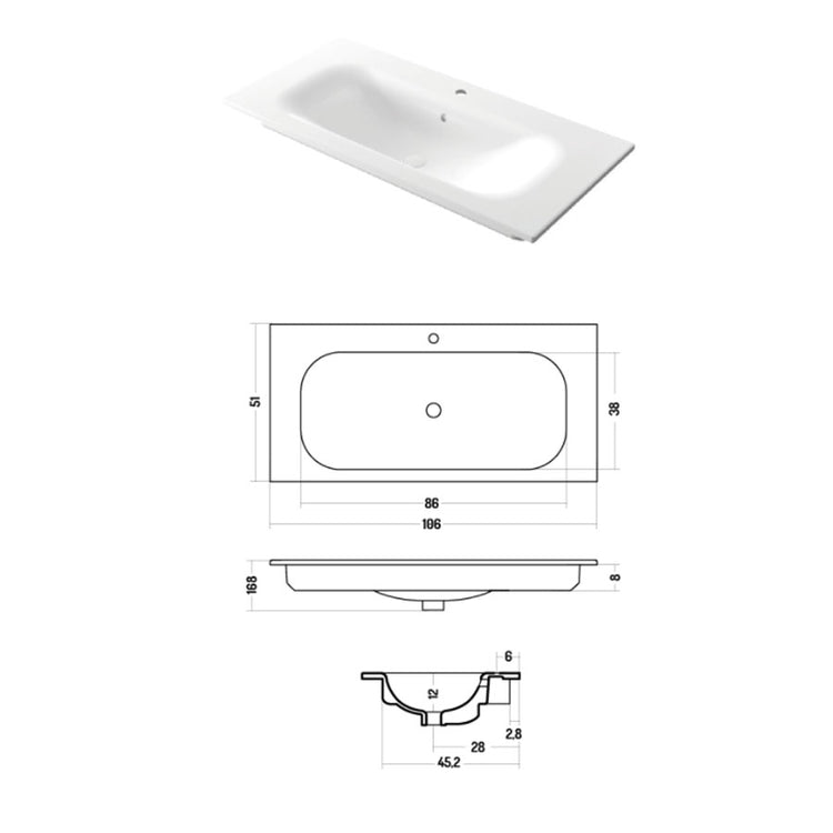 Lavabo da incasso rettangolare in ceramica bianca lucida 106x51cm serie Soft Disegno-Ceramica