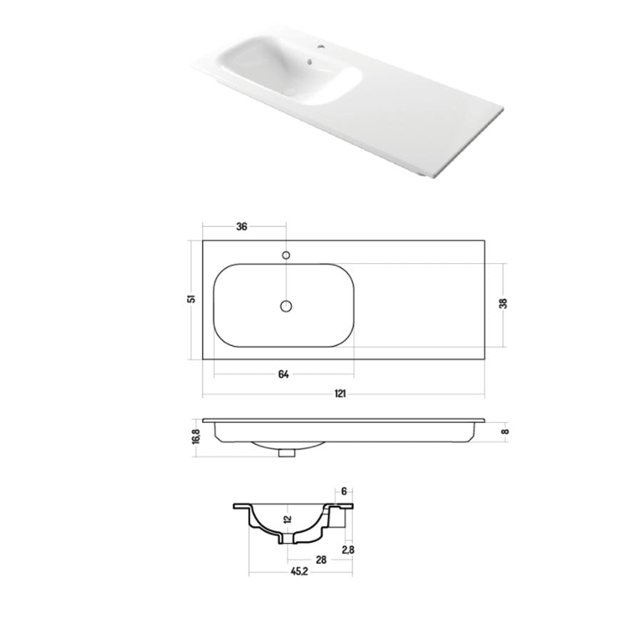 Lavabo da incasso con piano appoggio sulla destra in ceramica bianca lucida 106x51cm serie Soft Disegno-Ceramica