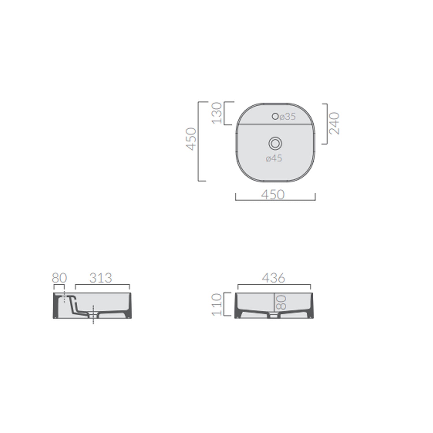 Lavabo da appoggio con angoli stondati serie Smart-B di Ceramica Galassia -  Bianco matt 45cm