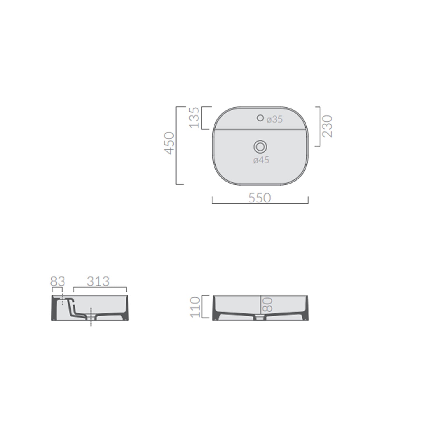 Lavabo da appoggio rettangolare con angoli stondati serie Smart-B di Ceramica Galassia -  Bianco lucido 55x45cm